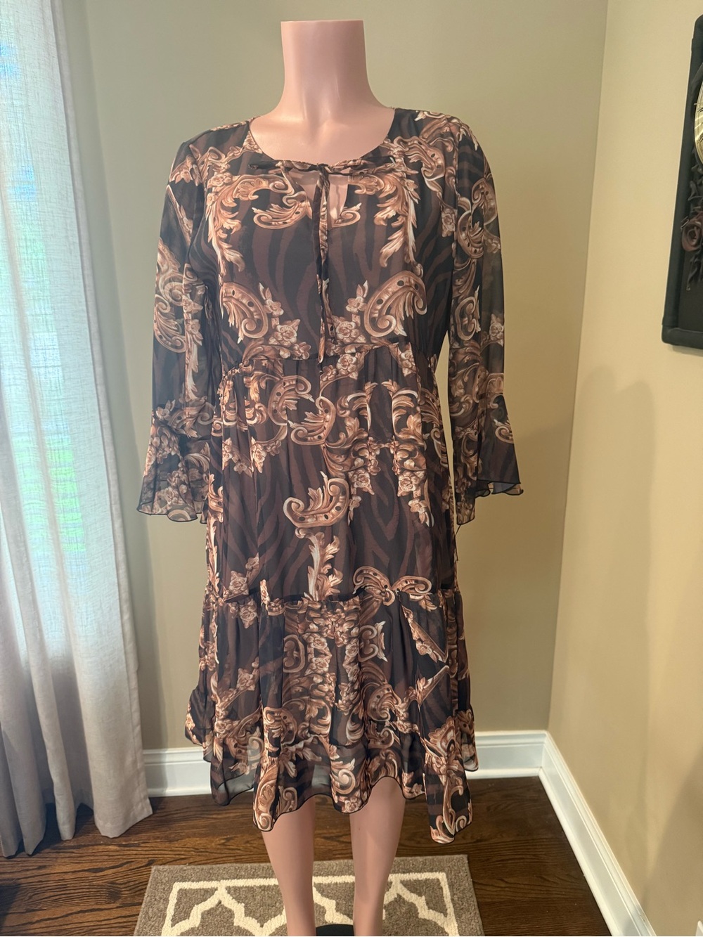 La Diva Brown Paisley Tiered Long-Sleeve Dress